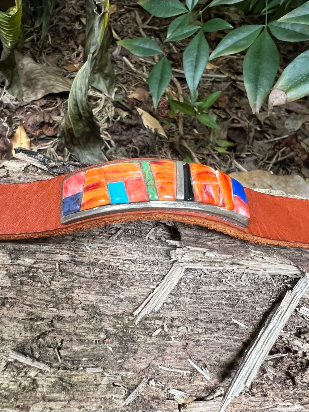 Edison Yazzie Navajo Multistone Sterling Leather Bracelet